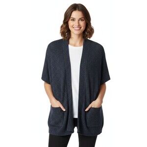 Athleta Weekend Wrap Cardigan S/M Navy Blue Marled Knit Open Front Pockets EUC